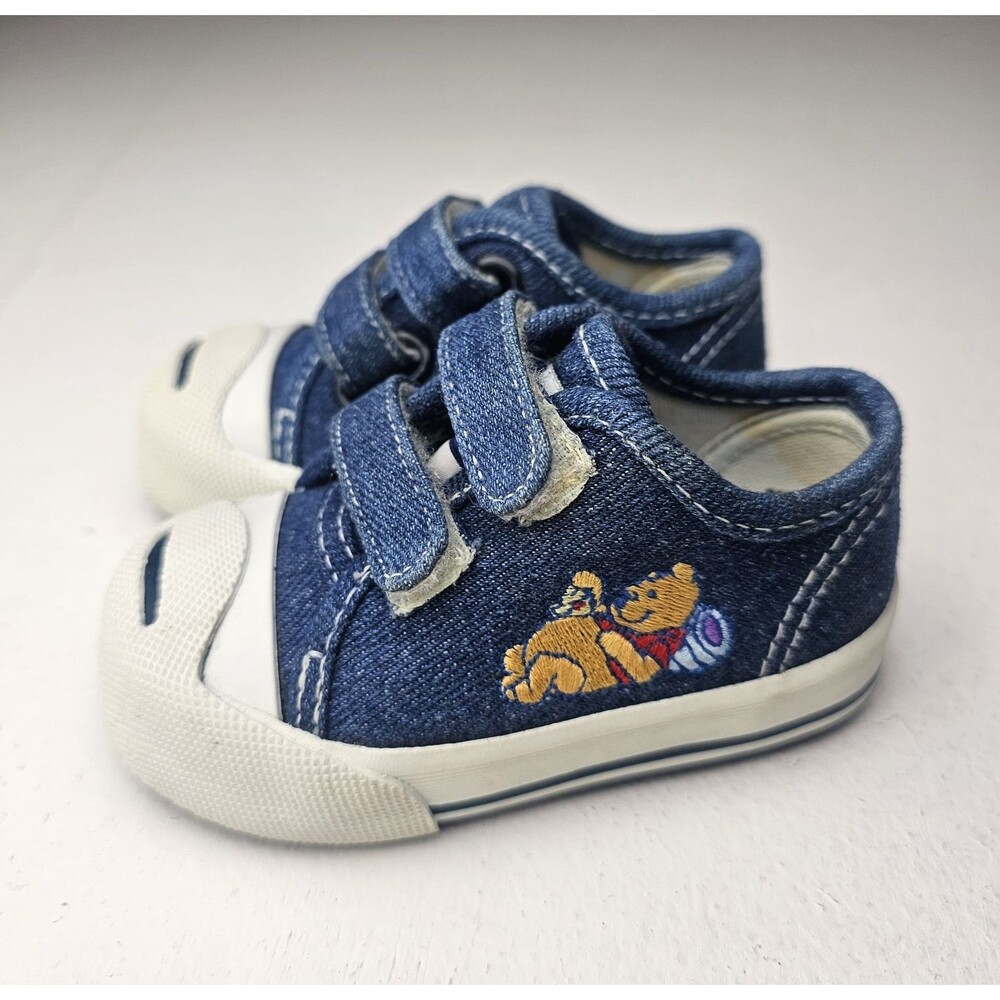 Y2K Pooh Winnie the Pooh Blue/White Denim Hook & Loop Low Top Sneakers Kids US 3